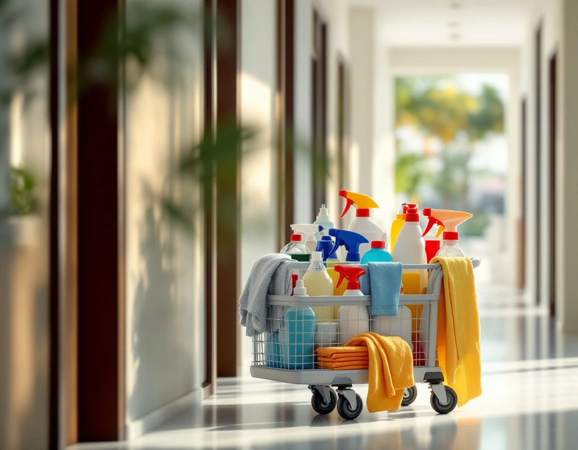 Chariot de matériel de nettoyage professionnel dans un hôtel en Guadeloupe