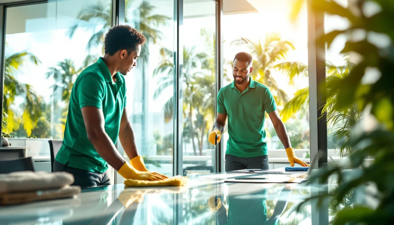 Équipe de nettoyage professionnel en Guadeloupe dans des bureaux modernes