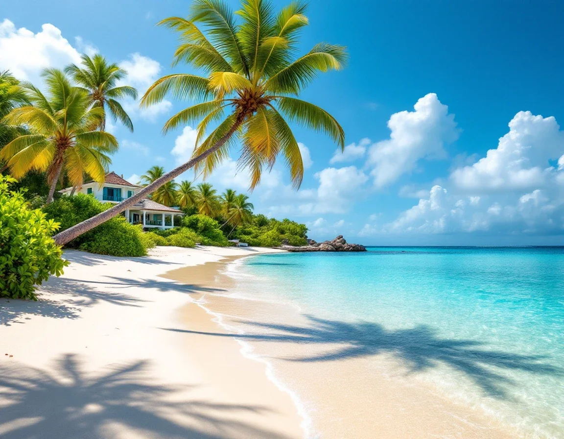 Plage de sable blanc et villa en Guadeloupe à Saint-François