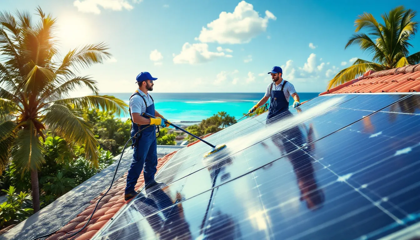 Techniciens nettoyant des panneaux solaires sur une toiture en Guadeloupe