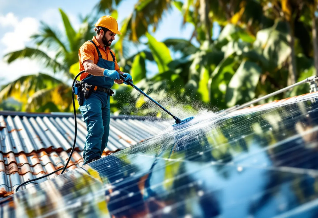 Technicien lavant des panneaux photovoltaïques à la perche télescopique et à la microfibre