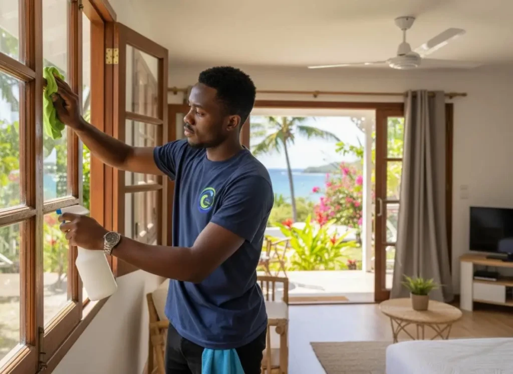 jeune homme faisant du nettoyage pour locations saisonnieres en guadeloupe nettoyage pour locations saisonnières